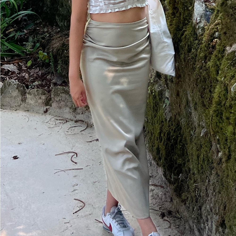 Pretty Little Thing Silk Satin Maxi Skirt in Sage w/ Ruched Waist Detail & Slit
